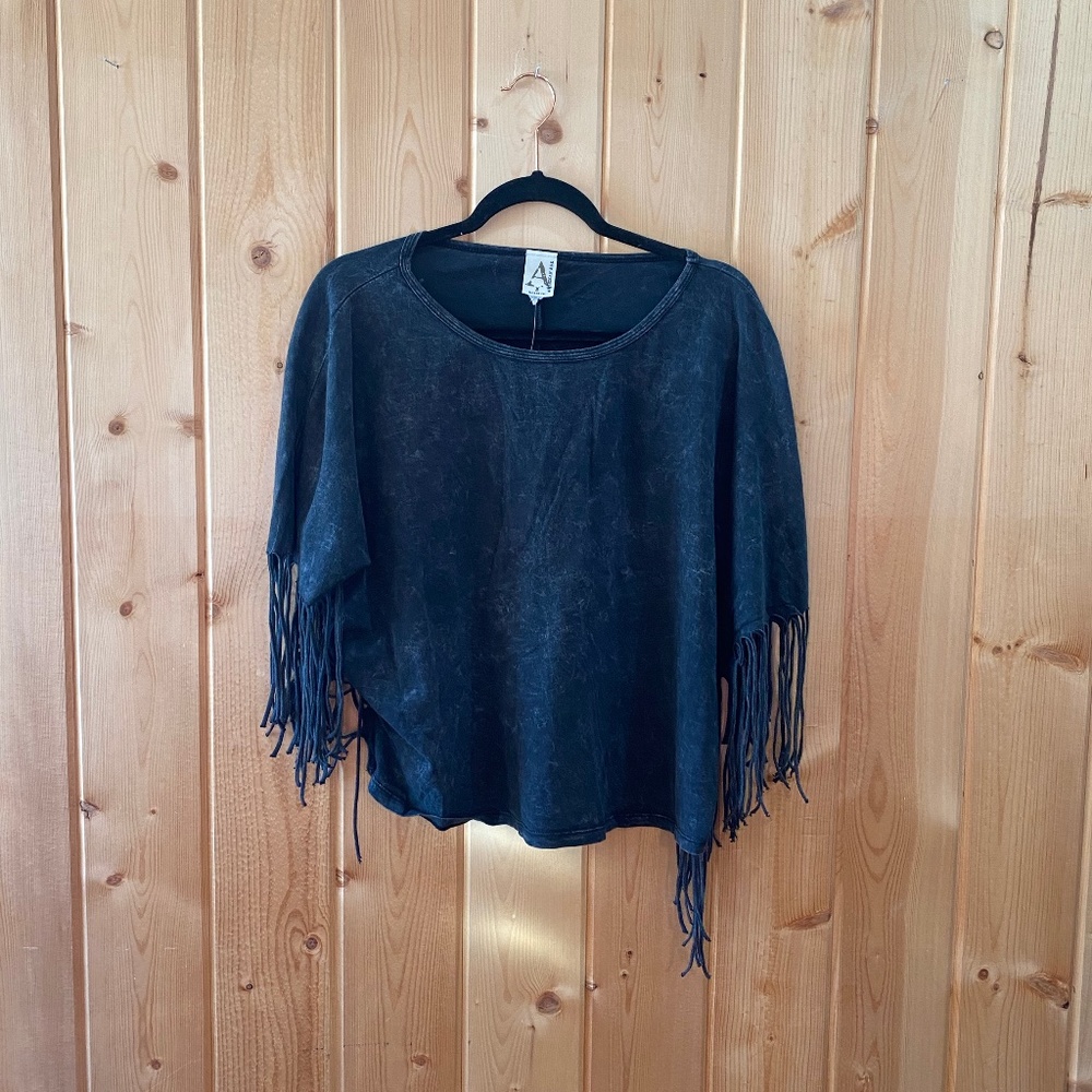 American Age Black Fringe Top
